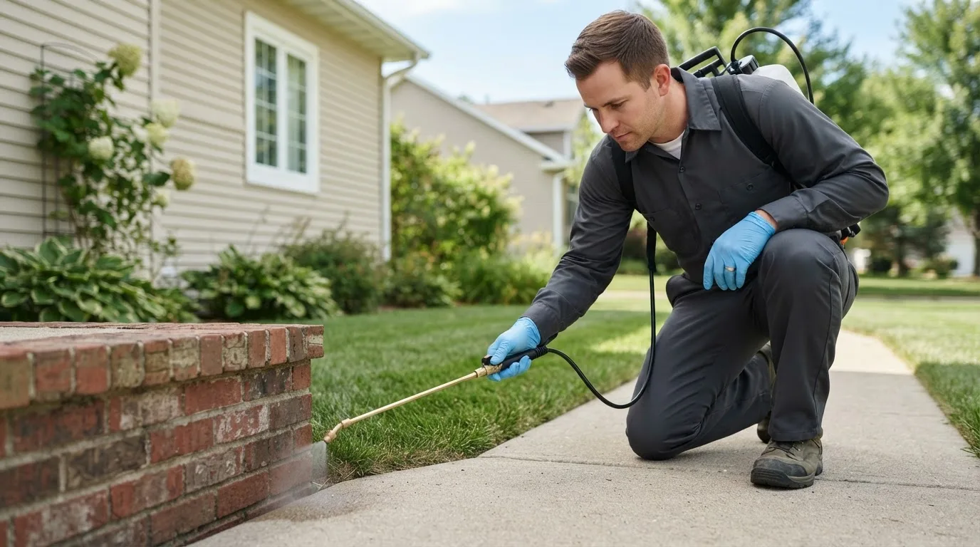 Pest control technician treating a home near Narka, KS