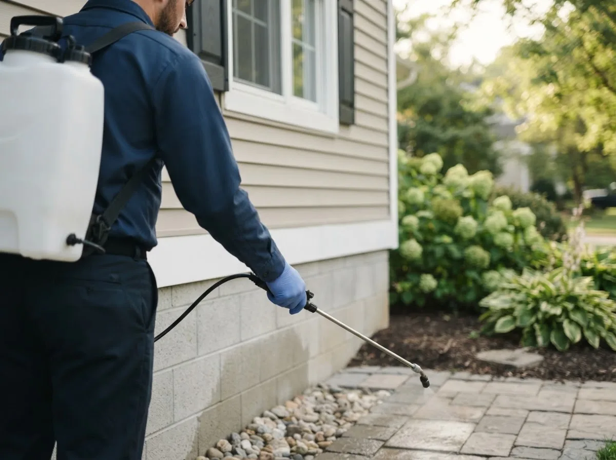 Pest control technician inspecting a home in Narka, KS
